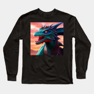 Fierce Blue and Cyan Dragon with Red Eyes Long Sleeve T-Shirt